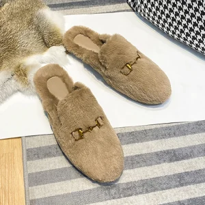 Women’s Lambswool Flats Loafers Slip-on Plush Winter Shoes Fluffy Faux Fur Furry Mules Slippers