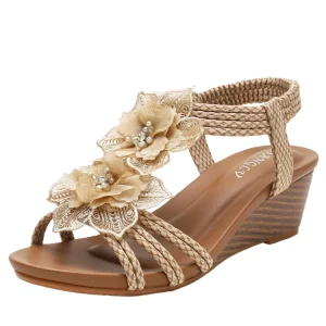 Women’s Large Size 36 42 Round Poe Wedge Heel Roman Sandals Summer Bohemian Vintage Flower Open Toe Platform Spring Holiday