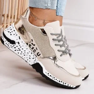 Women’s Large Size Beige Spot Pattern Sneakers Glitter Panel Lace Up Design Contrast Sole Stylish Comfortable Daily Footwear
