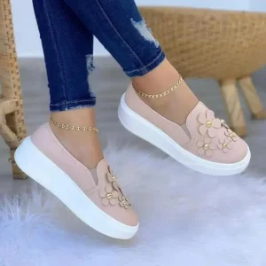 Women’s Large Size Casual Shoes with Thick Bottom Breathable White Autumn Toe for Spring Fashion Trend Floral Design