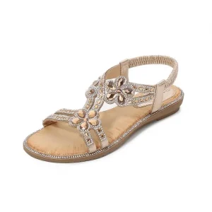 Women’s Large Size Cut Sandals Summer Comfortable Flats with Open Toe Rhinestone Fashion Trend