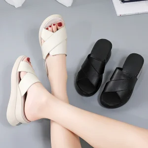 Women’s Large Size One Word Design Platform Sandals Thick Soled Flip Flops Slides for Moms Bow Summer