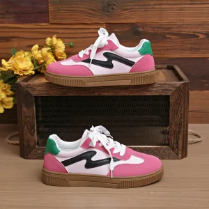Women’s Large Size Pink White Color-Block Casual Sneakers Green Accent Lace-Up Design Stylish Comfortable Daily Footwear
