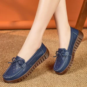 Women’s Large Size Summer Genuine Leather Toe Loafers Mixed Colors Breathable Slip On Shoes Middle Aged Elderly Autumn Fashion