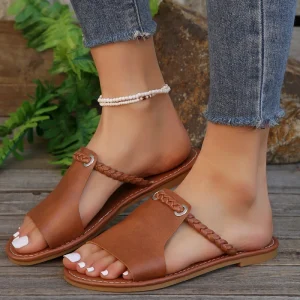 Women’s Large Size Summer Slippers Solid Color Woven Simple Daily Beach Sandals Height Increasing Outdoor Type