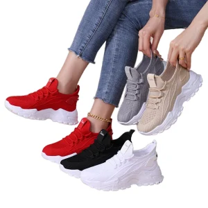 Women’s Large Size Summer Sneakers Cross-Border Fly-Woven Soft-Soled High-Heels Shallow Mouth Lace-Up Mesh Shoes