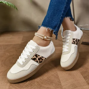 Women’s Large Size White Casual Sneakers Leopard Print Panel Lace Up Design Stylish Daily Wear Shoes for Women’s Fashion