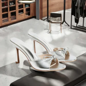 Women’s Large Size White PU Leather Stiletto Heel Mules Slip On Bow Upper Pointed Toe Height Increasing Winter Summer