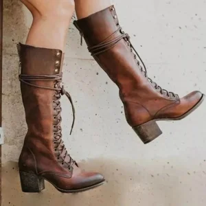 Women’s Large Size Winter Boots New Lace up Thick Heel Solid Pattern Long Boots Warm for European American Cold Seasons