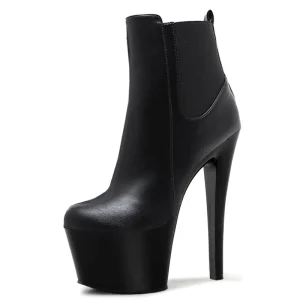 Women’s Large Thin Heel Round Head Black 17 cm High Heels Large Women’s Short Boots Combat Boots Fashion Boots