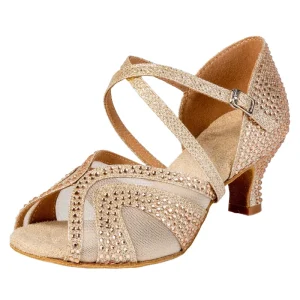 Women’s Latin Dance Shoes 5.5cm High Heel Champagne Diamond Style Soft Bottom High Heeled Sandals for Summer Mesh Lining