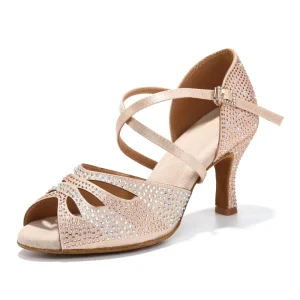 Women’s Latin Dance Shoes Pointed Toe Open Toe Heel Lace Satin Rhinestone Buckle Dress Pump Sandals