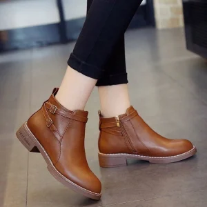 Women’s Leather Ankle Boots Autumn Winter Low Heel Large Size Casual Boots for Ladies