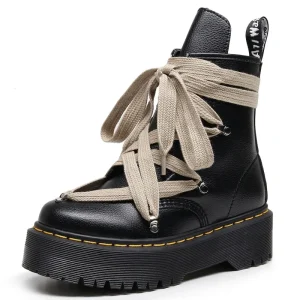 Women’s Leather Boots Plus Size Side Zipper Jumbo Lace Fat Pentagram Medium Platform Heels