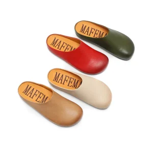 Women’s Leather Closed Toe Mule Slippers Slip-On Casual Flat Slides for Indoor & Outdoor