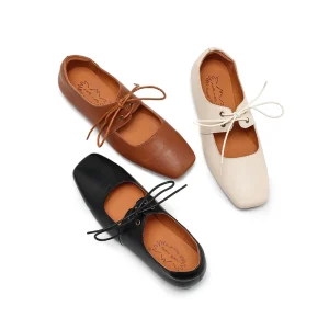 Women’s Leather Lace-Up Ballet Flats Square Toe Casual Flat Shoes