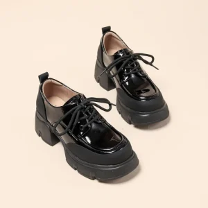 Women’s Leather Loafers Thick Sole Height Increasing Toe Lace-Up for Winter Retro Casual Style New Summer Release