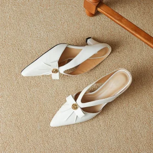 Women’s Leather Mule Slippers Mid Heel Pointed Toe Slide Sandals with Bow Decor Casual Dress Slip On Shoes