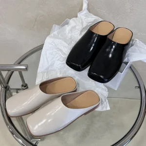 Women’s Leather Mules Customizable Square Toe Slip on 2.5cm Heel Slide Shoes Flat Design for Girls