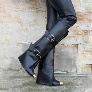 Women’s Leather Multi Buckle Knee High Metallic Toe Stiletto Boots Ladies Shoes
