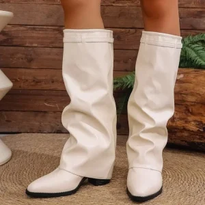 Women’s Leather Platform Boots with Thick Tube Heel Comfortable Fashion Trend Knee High for Summer