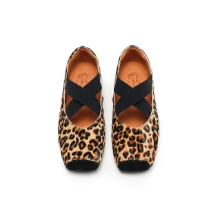 Women’s Leopard Print Crisscross Strap Ballet Flats Square Toe Casual Slip On Shoes Genuine Leather