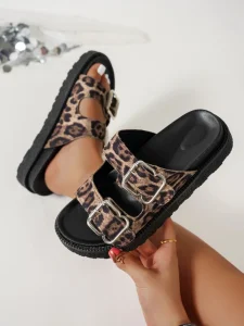 Women’s Leopard Print Double Buckle Platform Slides Adjustable Metal Buckle Sandals Summer Casual Beach Shoes
