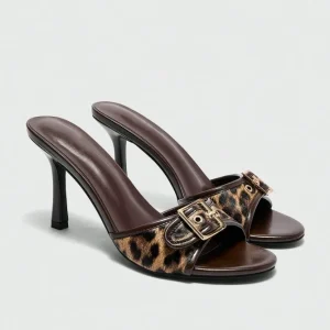 Women’s Leopard Print & Gold Buckle Shoes Decor Retro Round Toe Comfortable High Heel Mule Sandals Animal Print Heels