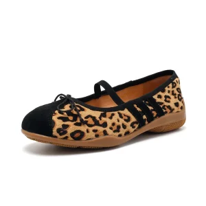 Women’s Leopard Print Mary Jane Ballet Flats, Bow Detail Elastic Strap Casual Shoes