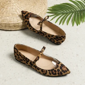 Women’s Leopard Print Mary Jane Flats Pointed Toe With Ankle Strap For Daily Casual & Vacation Wear