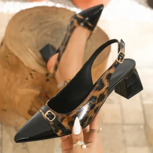 Women’s Leopard Print Pointed Close Toe Summer Sexy Block Heels Pointed Toe Party Dress Shoes Hard Wearing Sandals