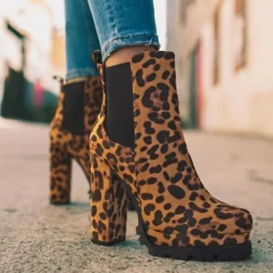 Women’s Leopard Print Round Head Short for Martin Boots Winter Thick Heel Water Table Sleeve Size