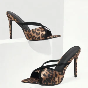 Women’s Leopard Print Satin Mule Sandals Pointed Toe Stiletto Heel Slides Crisscross Rhinestone Strap Sexy Party Club Dress