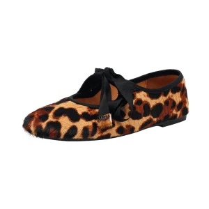 Women’s Leopard Print Satin Ribbon Square Toe Lightweight Casual Barefoot Mary Jane Flats