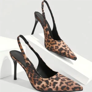 Women’s Leopard Print Satin Slingback Pumps Pointed Toe Stiletto Elastic Strap Sexy Breathable Comfort Party Casual Dress Shoes