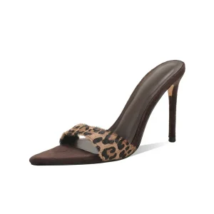 Women’s Leopard Print Stiletto Mules Pointed Toe High Heel Slip On Sandals Summer Shoes