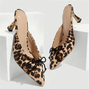 Women’s Leopard Print Suede Mule Heels Pointed Toe Spool Heel Slides Ruched Edge Black Bow Sexy Party Casual Dress Shoes 7.5cm