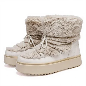Women’s Light Beige Winter Casual Fleece Lined Thickened Mid Top Warm Fur Thick Soled Snow Boots