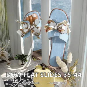 Women’s Light Blue Croc Embossed Slide Sandals Silk Scarf Bow Flat Slippers Summer Beach Casual Outdoor Shoes