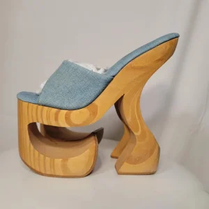 Women’s Light Blue Denim Mule Sandals Wooden Sculpted High Heel Platform Lace Embellished Avant garde Fashion Casual Party Shoes