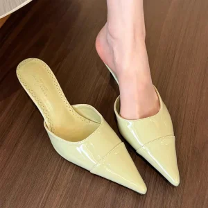 Women’s Light Green PU Mules Pointed Toe Stiletto Heel Slide Sandals