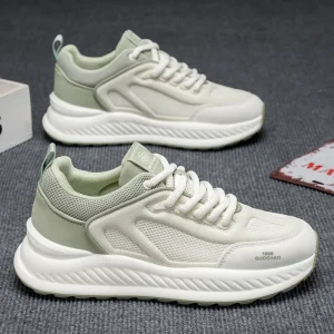 Women’s Light Green & White Mesh Leather Sneakers Lace Up Thick Sole Stylish Comfortable Daily Footwear