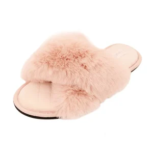 Women’s Light Weight Anti-slip Soft Fuzzy Cross Band Memory Foam Open Toe Plush Upper Bow Winter Autumn Outdoor