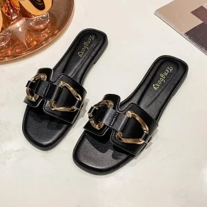 Women’s Light Weight Flat Summer Fashion Trend Outdoor Wear Metal Buckle Soft Sole Slide Sandals with Open Toe