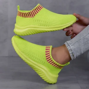 Women’s Light Weight Soft Comfortable Slip on Mesh Breathable Elevated Shock Absorption Fly knit Low Top All Seasons Socks Shoes