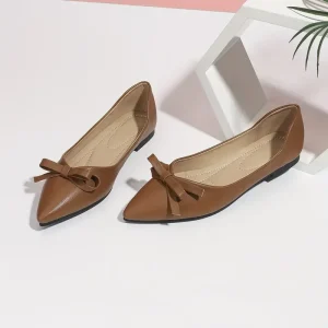 Women’s Lightweight Breathable PU Leather Ballet Flats Bow Decorative Casual Slip-on Shoes for Autumn Spring Seasons