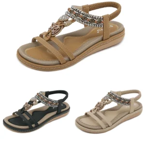 Women’s Lightweight Comfortable Flat Sandals with Elastic Bands and Strap Closure