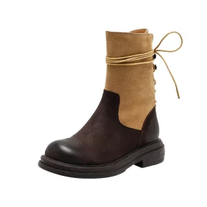 Women’s Lightweight Lace up Color Block Ankle Boots with Genuine Leather Upper and Rubber Outsole