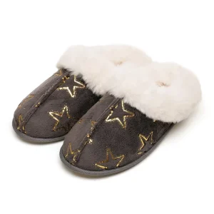 Women’s Lightweight Memory Foam Slippers Faux Fur Collar Trim Gold Foil Star Printing Indoor Mule Slippers