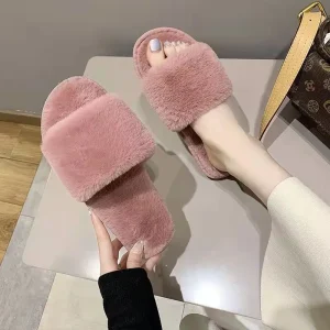 Women’s Lightweight Plush Open Toe TPR Outsole Warm Flats Slides for Spring Autumn Home Use